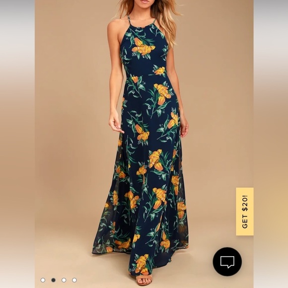 Lulu’s Adventure Seeker Navy Blue and Yellow Floral Print Maxi Dress - Picture 2 of 9